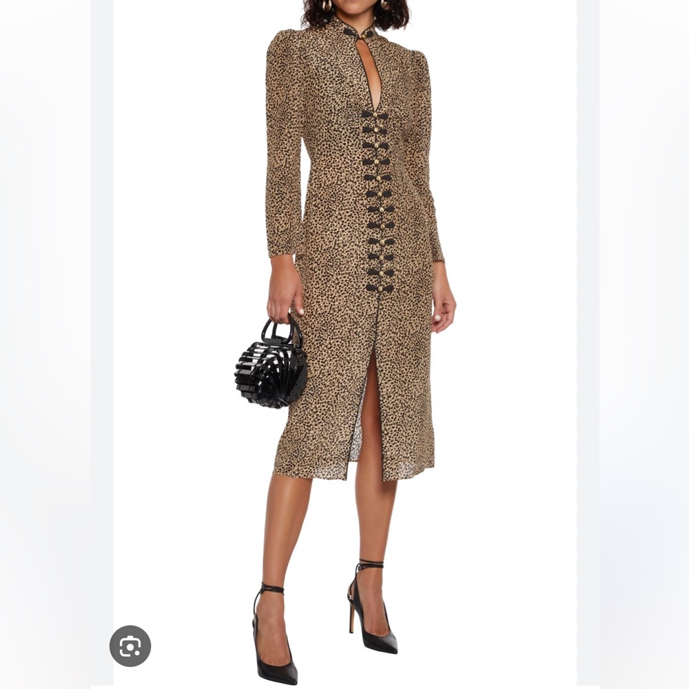 Saloni Andrea Button-Embellished Leopard Silk Dress Size 8 US